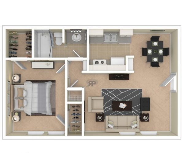 Floor plan for 1 bed, 1 bath, 578 sqft