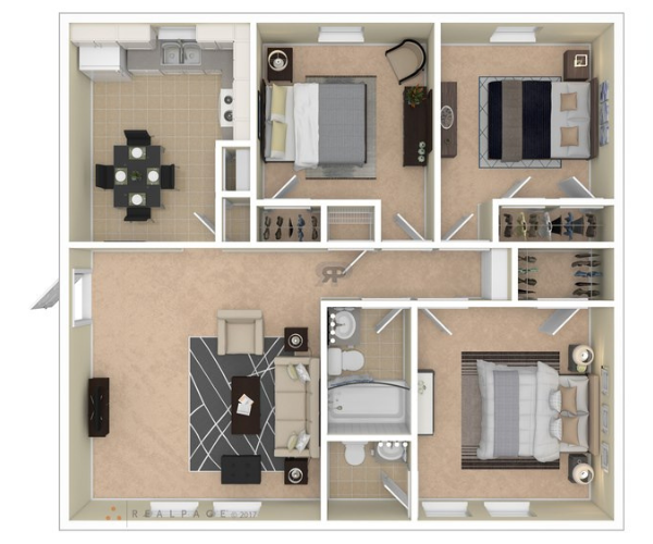 Floor plan for 3 beds, 1.5 baths, 1004 sqft