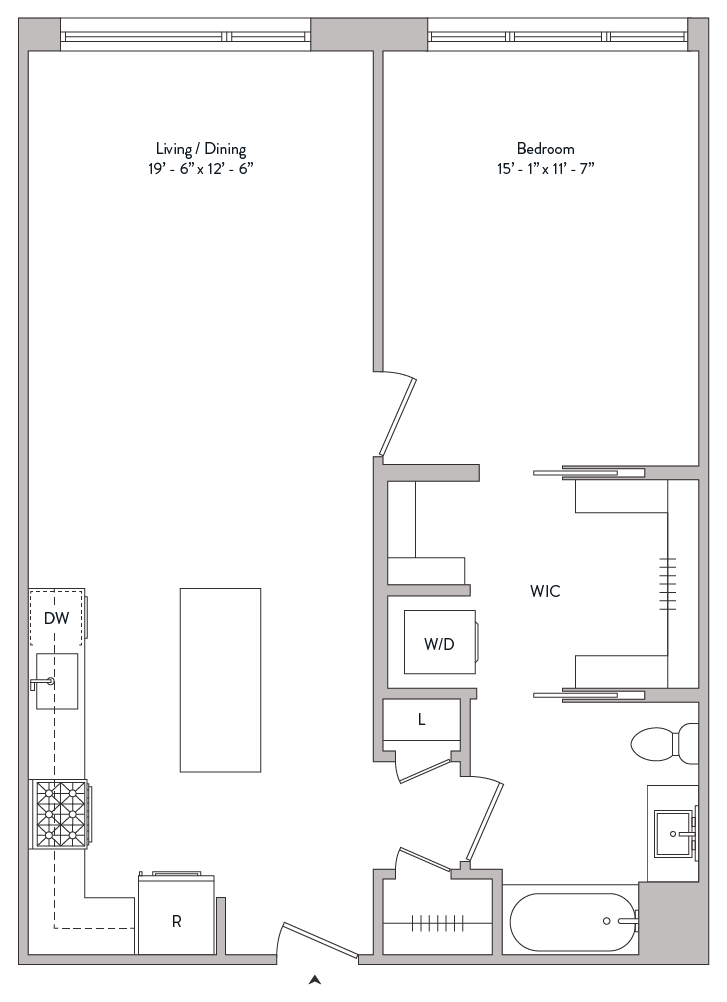 Floor plan for 1 bed, 1 bath, 883 sqft