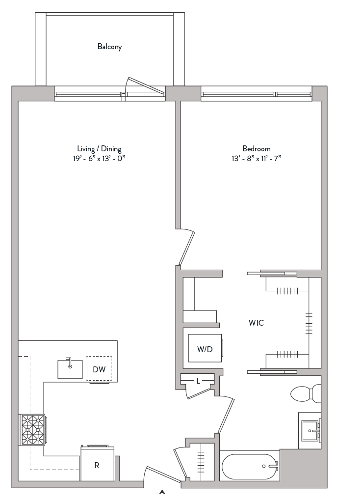 Floor plan for 1 bed, 1 bath, 848 sqft