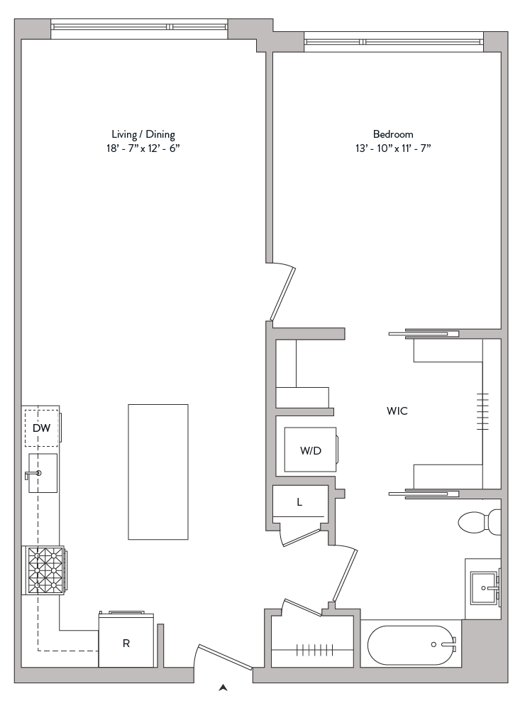 Floor plan for 1 bed, 1 bath, 848 sqft