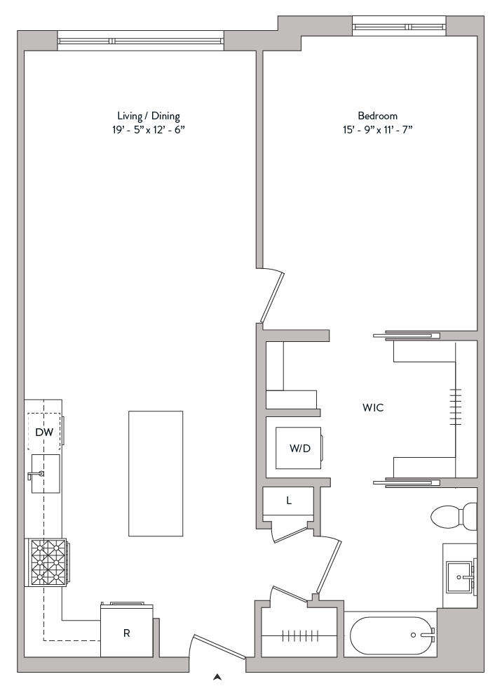 Floor plan for 1 bed, 1 bath, 890 sqft