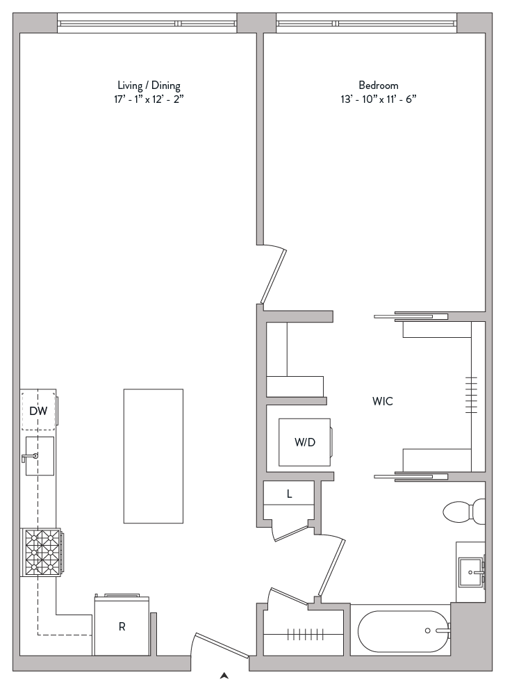 Floor plan for 1 bed, 1 bath, 838 sqft