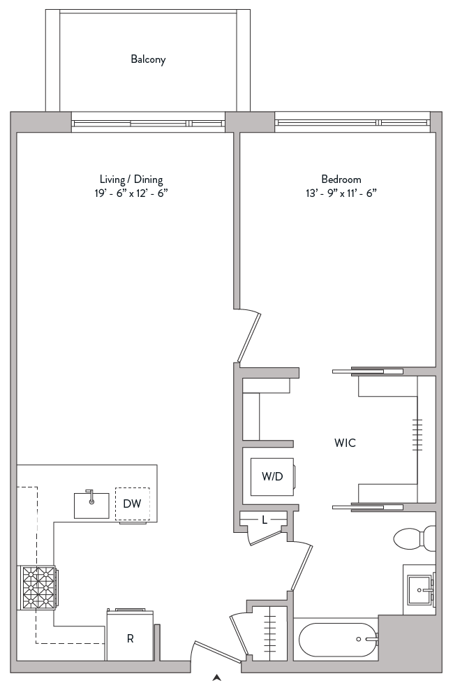 Floor plan for 1 bed, 1 bath, 838 sqft