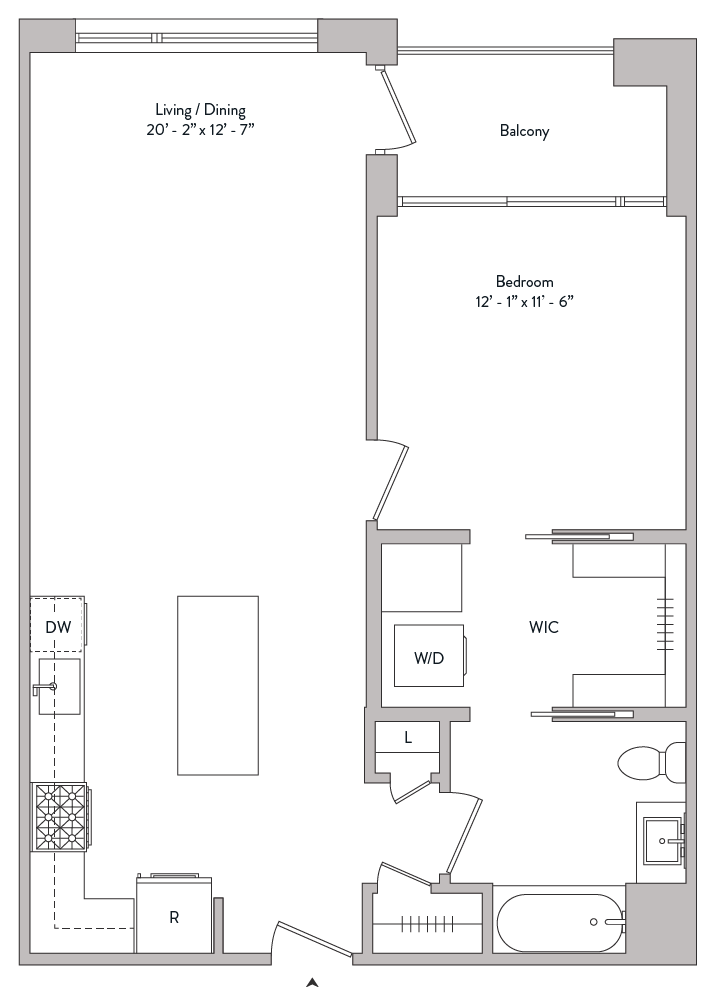 Floor plan for 1 bed, 1 bath, 820 sqft