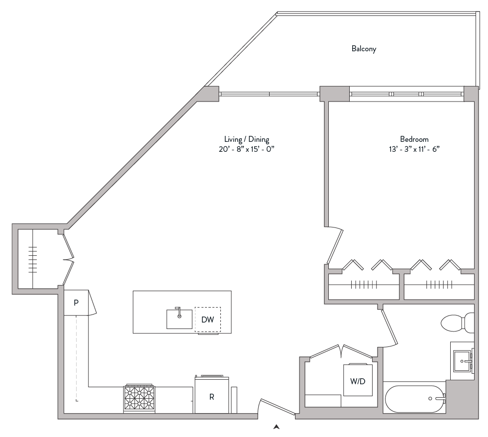 Floor plan for 1 bed, 1 bath, 835 sqft