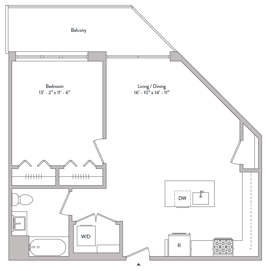Floor plan for 1 bed, 1 bath, 772 sqft