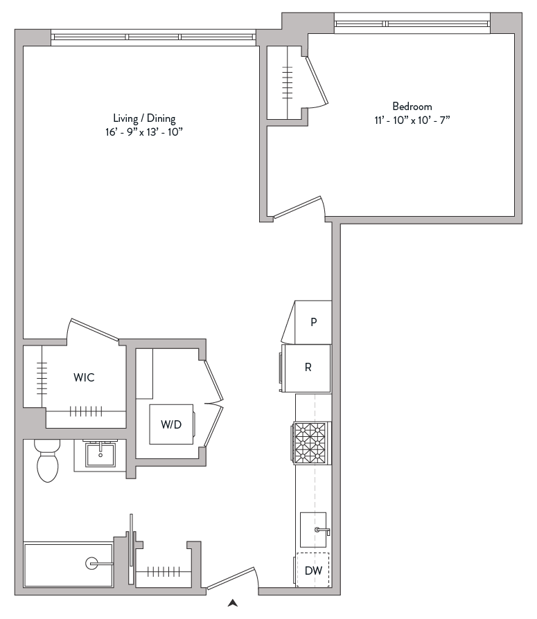 Floor plan for 1 bed, 1 bath, 776 sqft