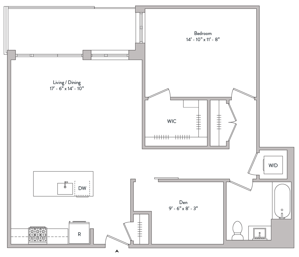 Floor plan for 1 bed, 1 bath, 1048 sqft