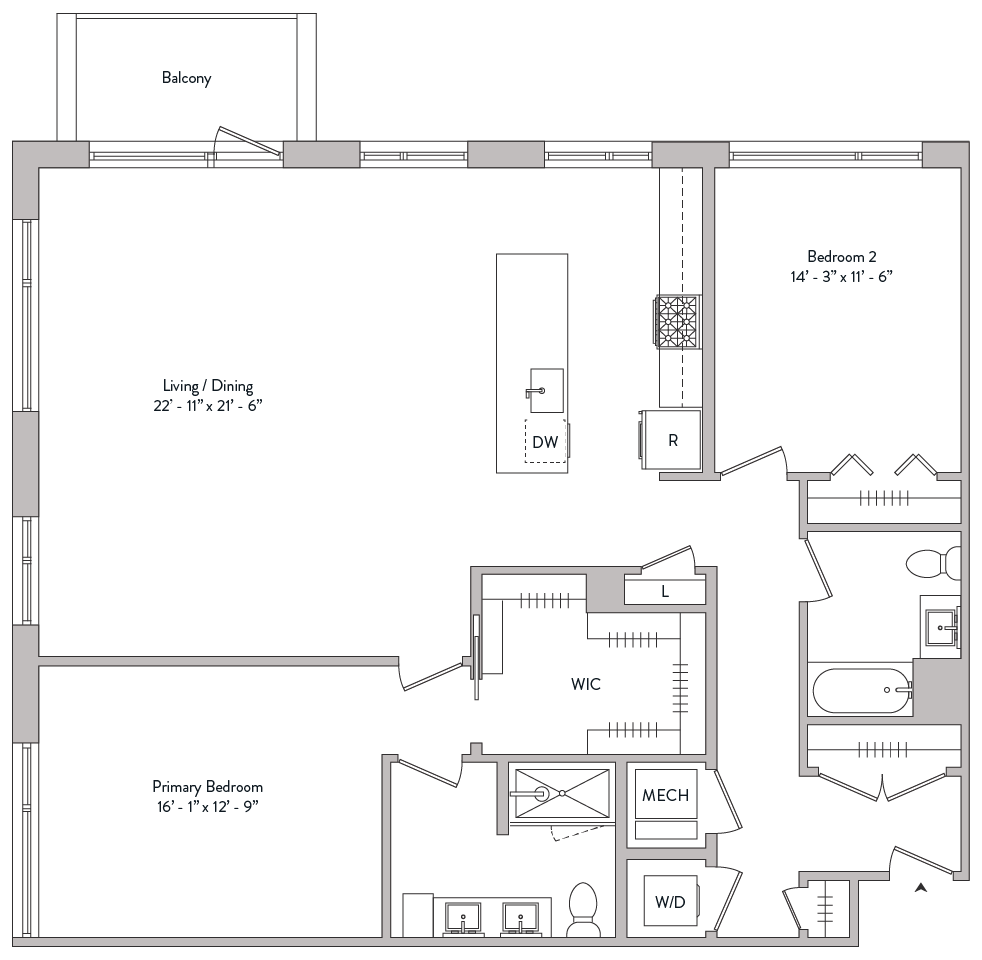 Floor plan for 2 beds, 2 baths, 1694 sqft