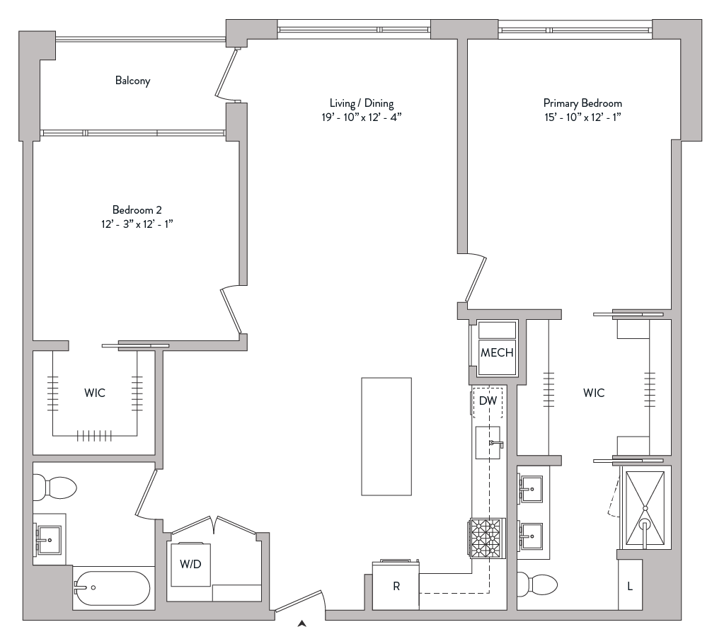 Floor plan for 2 beds, 2 baths, 1319 sqft