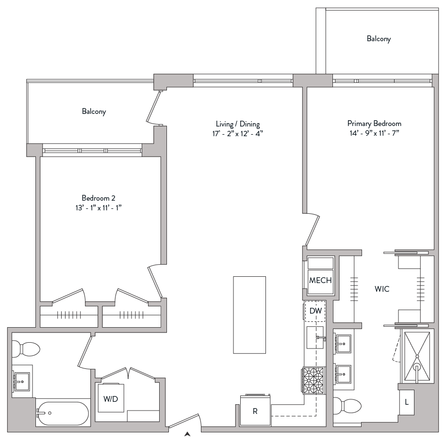 Floor plan for 2 beds, 2 baths, 1152 sqft
