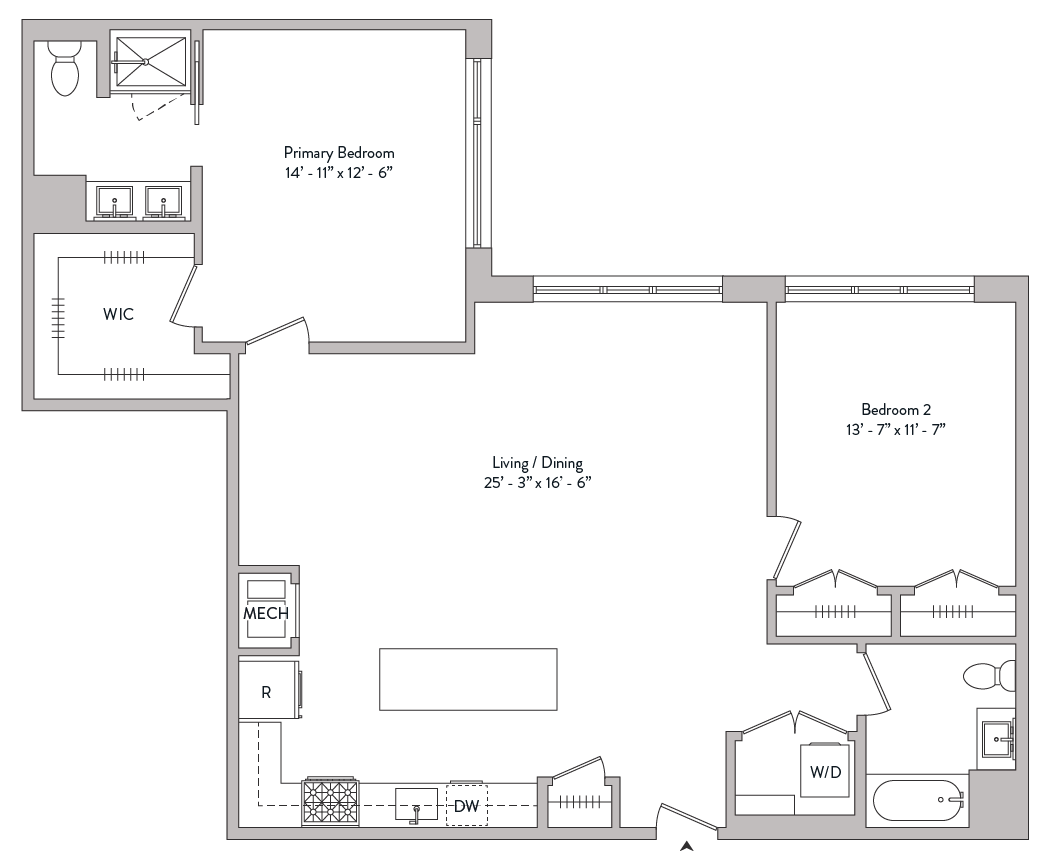 Floor plan for 2 beds, 2 baths, 1330 sqft