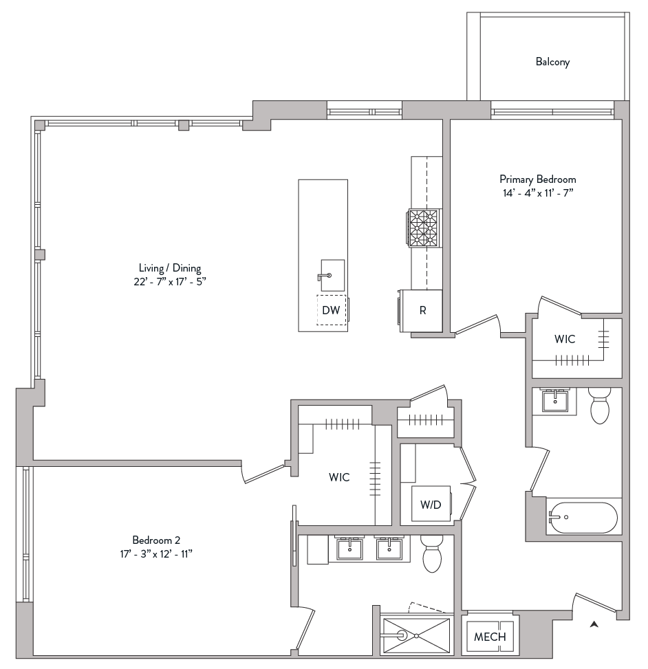 Floor plan for 2 beds, 2 baths, 1554 sqft