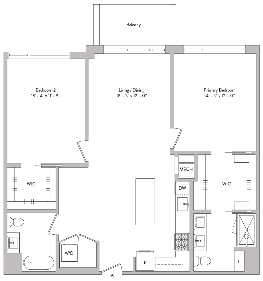 Floor plan for 2 beds, 2 baths, 1250 sqft