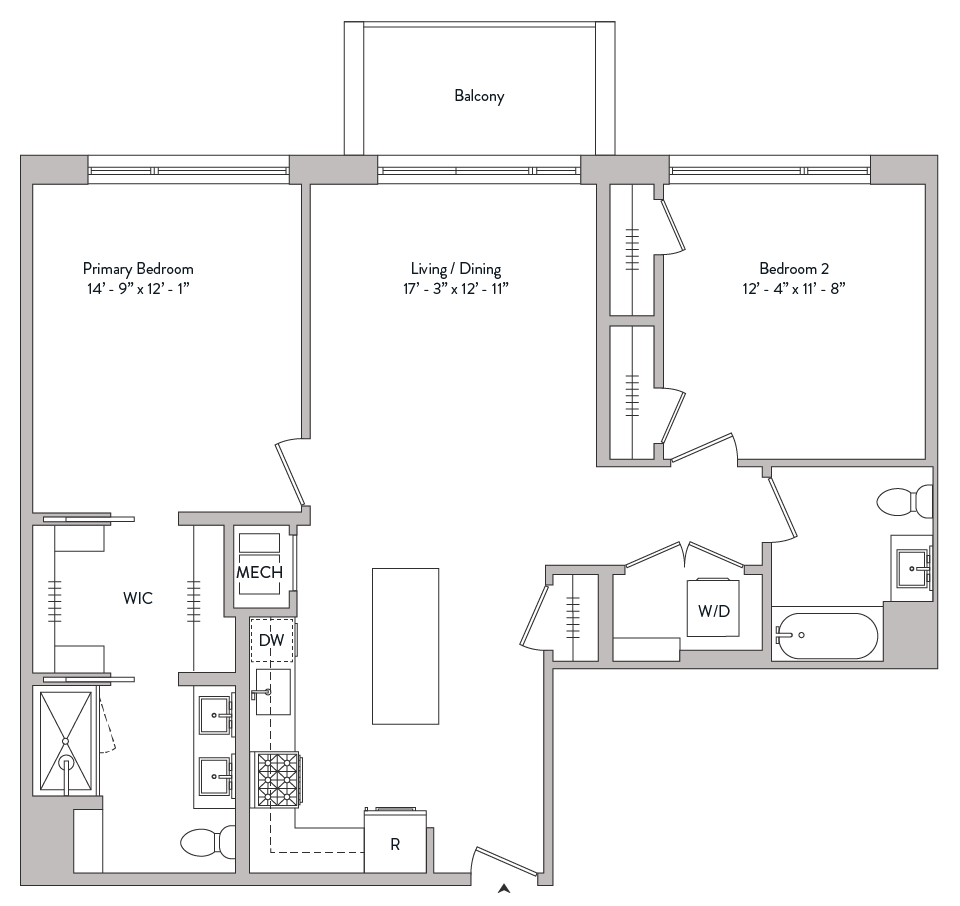 Floor plan for 2 beds, 2 baths, 1192 sqft