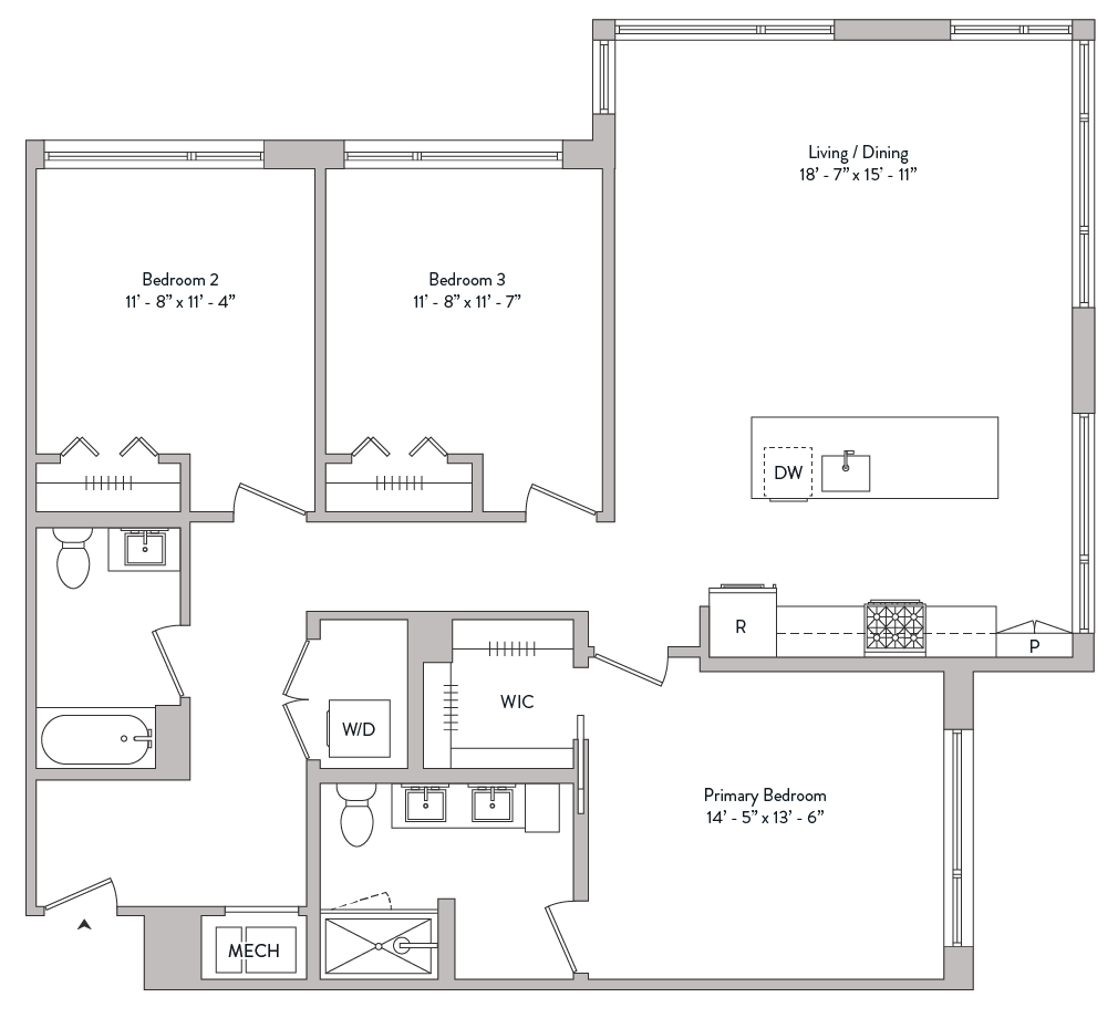 Floor plan for 3 beds, 2 baths, 1567 sqft