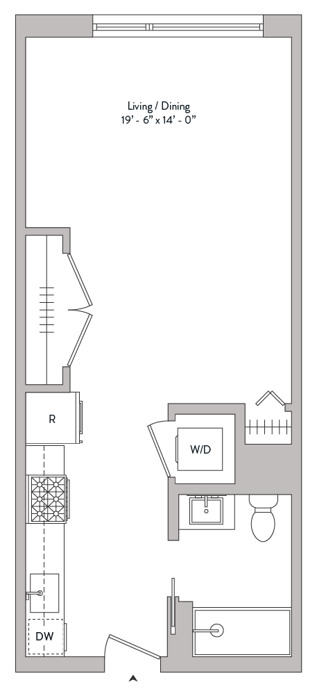 Floor plan for studio, 1 bath, 528 sqft