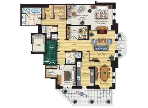 Floor plan for 2 beds, 2 baths, 2030 sqft