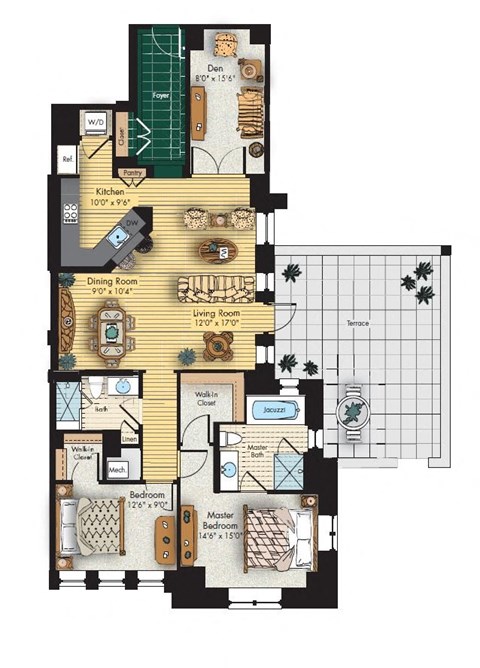 Floor plan for 2 beds, 2 baths, 1300 sqft