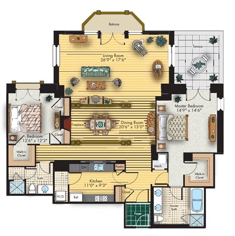 Floor plan for 2 beds, 2 baths, 1730 sqft