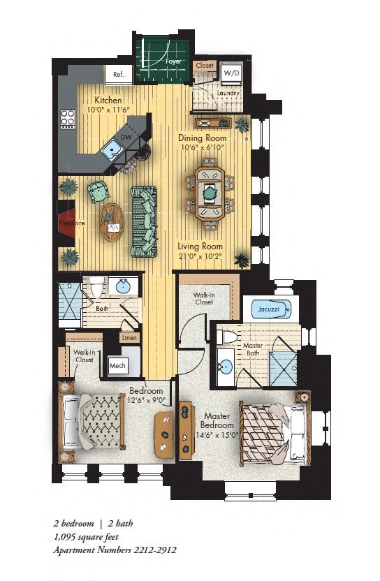 Floor plan for 2 beds, 2 baths, 1095 sqft