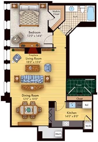 Floor plan for 1 bed, 1 bath, 1000 sqft