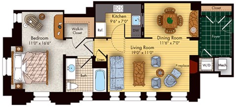 Floor plan for 1 bed, 1 bath, 780 sqft