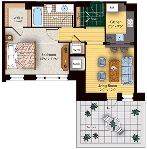 Floor plan for 1 bed, 1 bath, 630 sqft