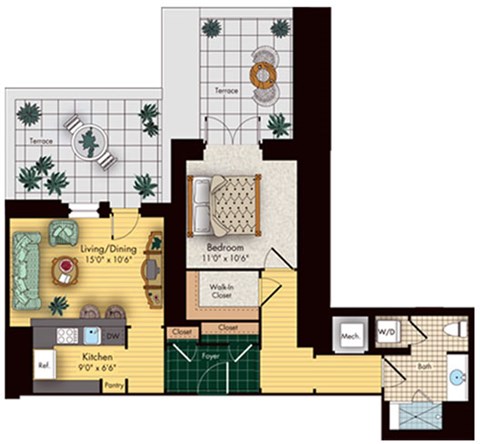 Floor plan for 1 bed, 1 bath, 670 sqft