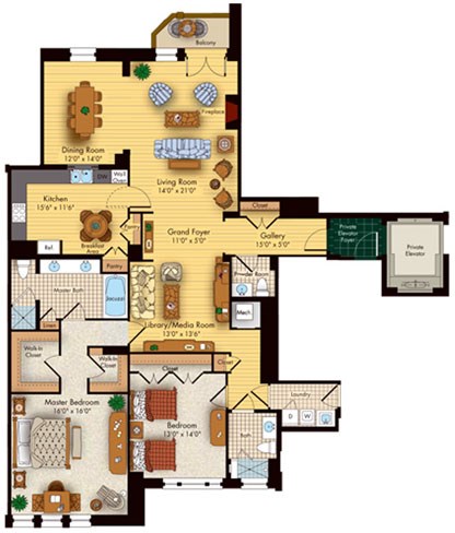 Floor plan for 2 beds, 2 baths, 2100 sqft
