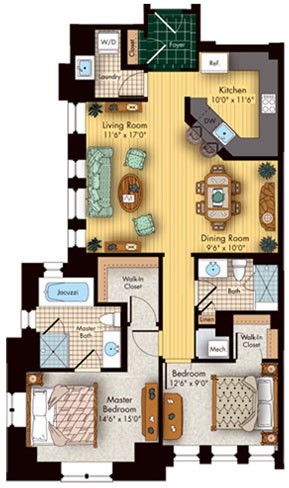 Floor plan for 2 beds, 2 baths, 1130 sqft