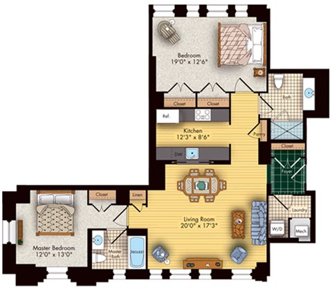 Floor plan for 2 beds, 2 baths, 1267 sqft