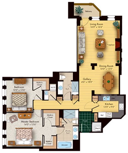Floor plan for 2 beds, 2 baths, 1455 sqft