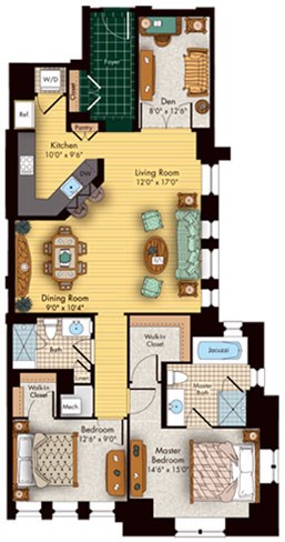 Floor plan for 2 beds, 2 baths, 1300 sqft