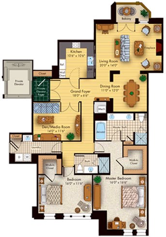 Floor plan for 2 beds, 2 baths, 1945 sqft