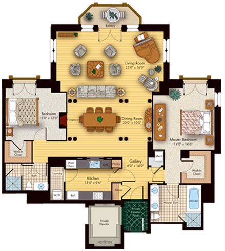 Floor plan for 2 beds, 2 baths, 1730 sqft