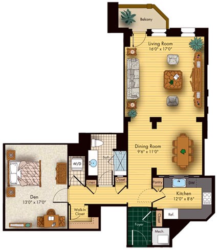 Floor plan for studio, 1 bath, 1115 sqft