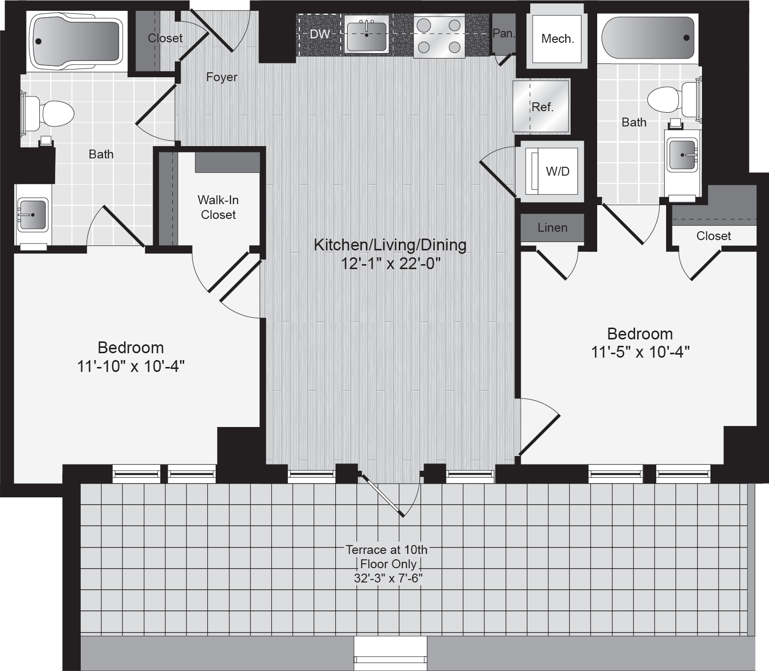 Floor plan for 2 beds, 2 baths, 823 sqft