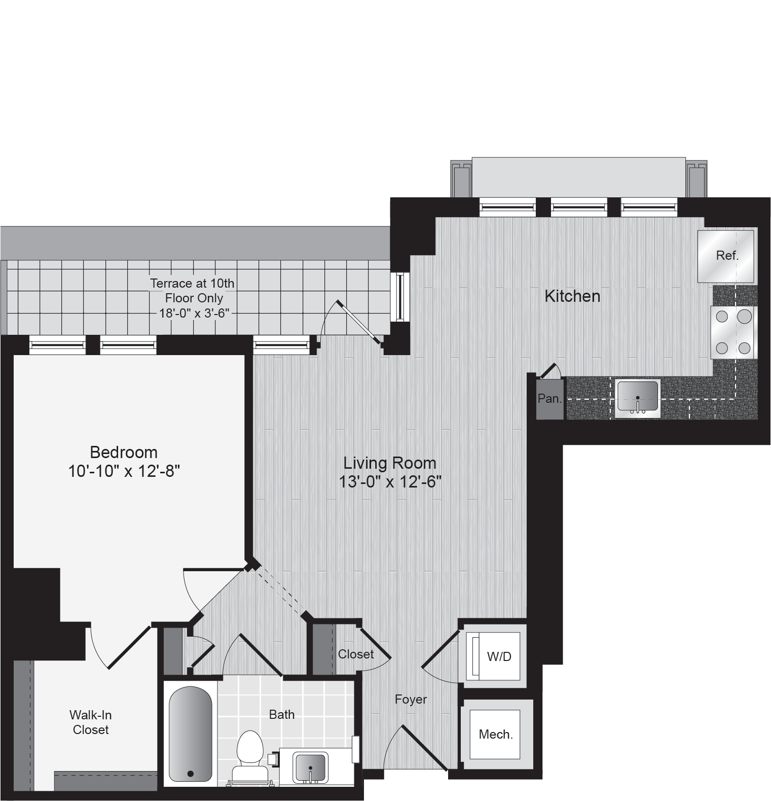 Floor plan for 1 bed, 1 bath, 668 sqft