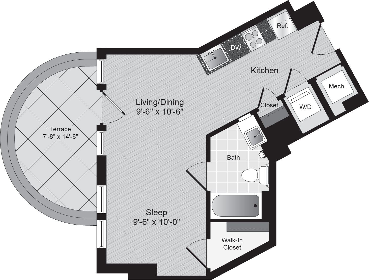 Floor plan for studio, 1 bath, 419 sqft