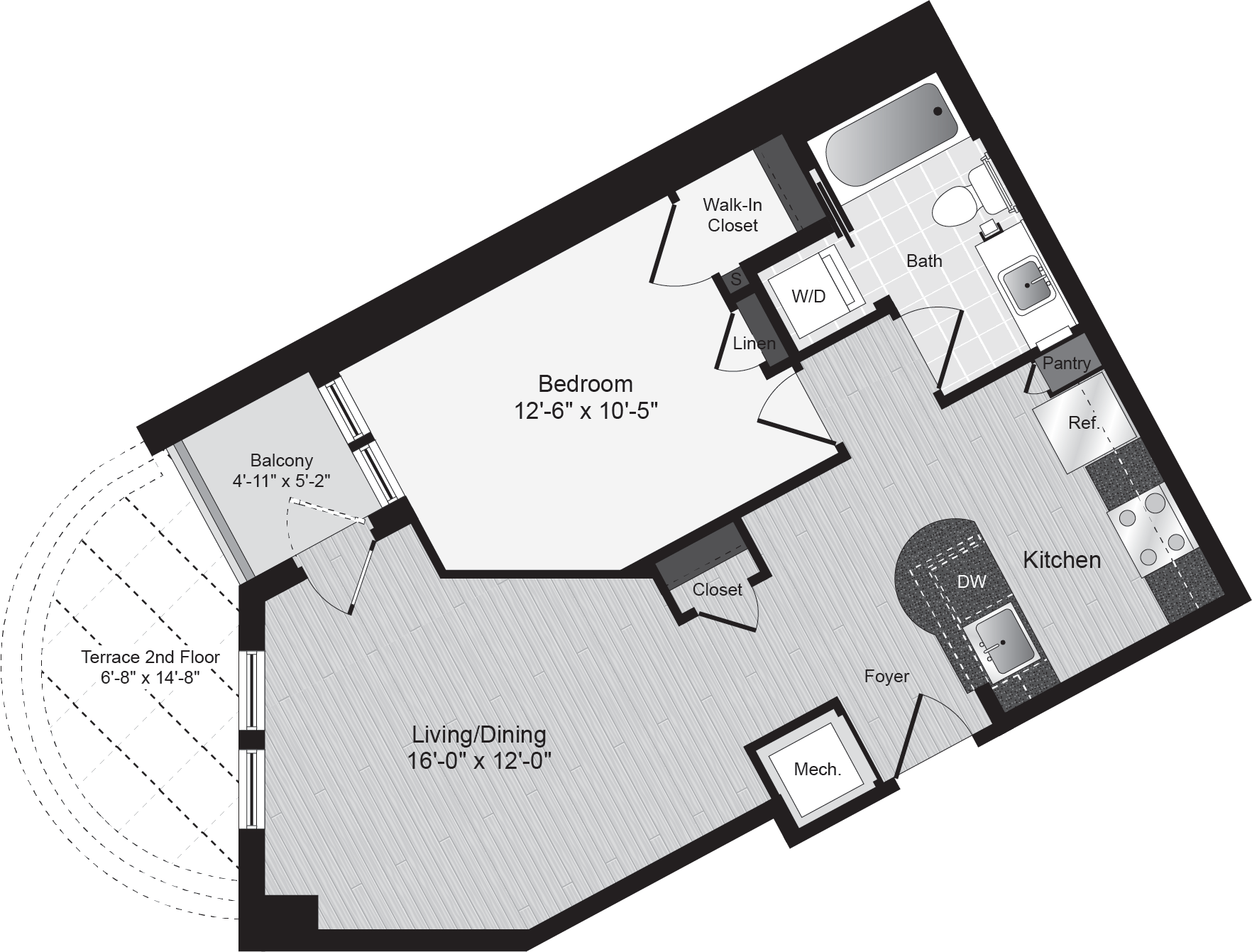 Floor plan for 1 bed, 1 bath, 621 sqft