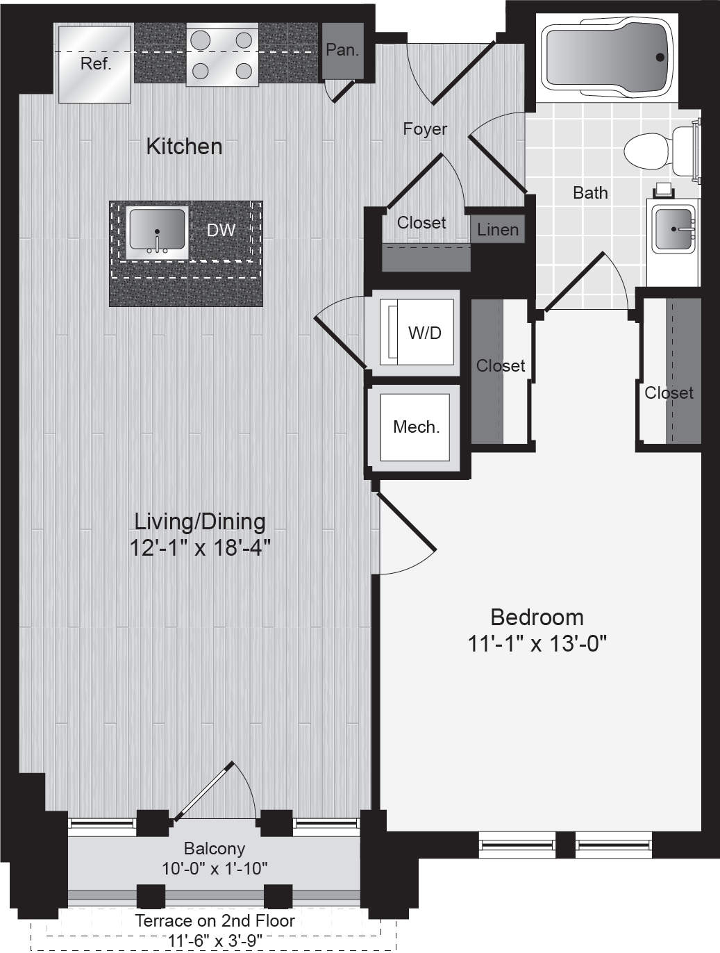 Floor plan for 1 bed, 1 bath, 672 sqft