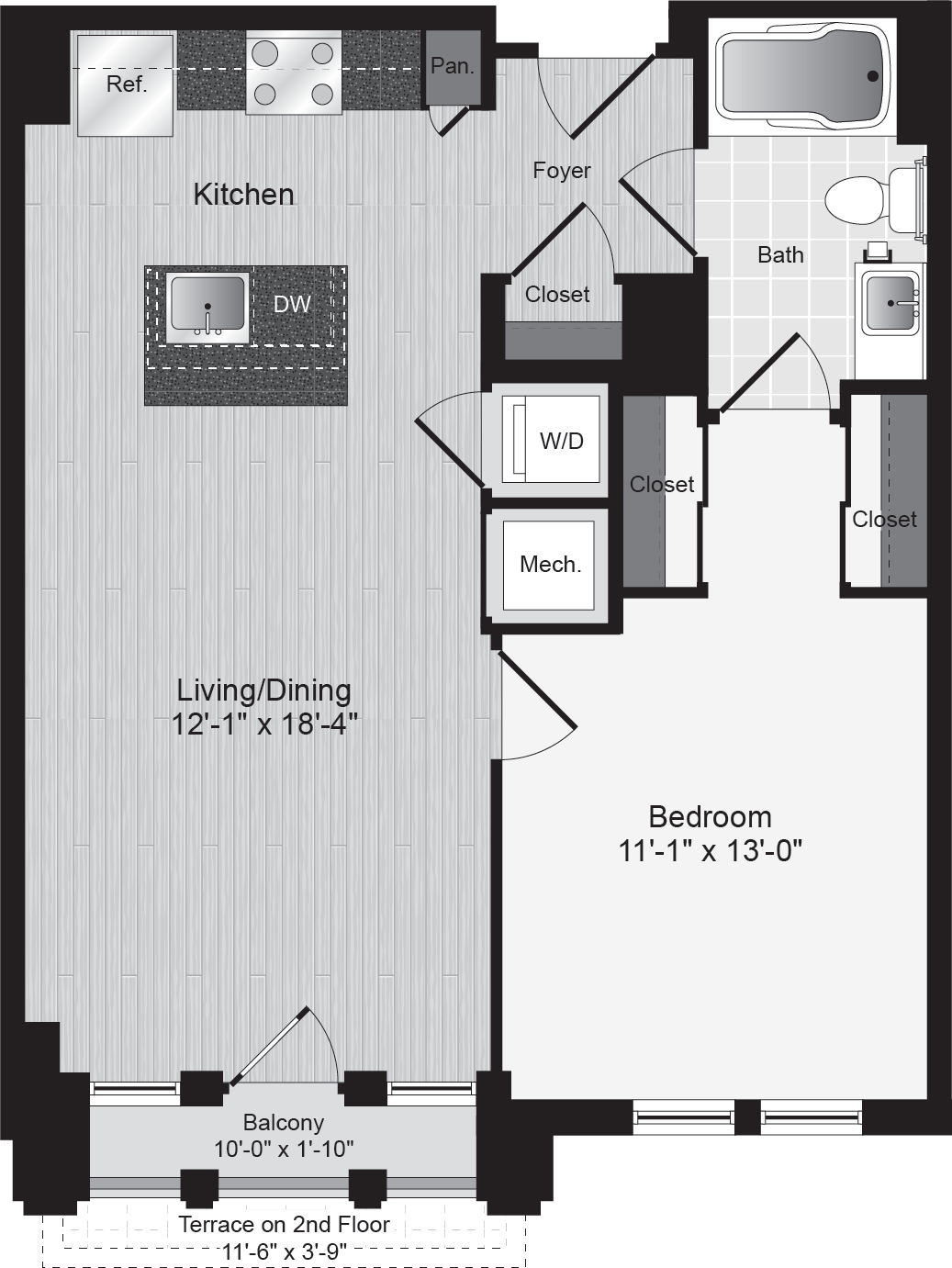 Floor plan for 1 bed, 1 bath, 672 sqft