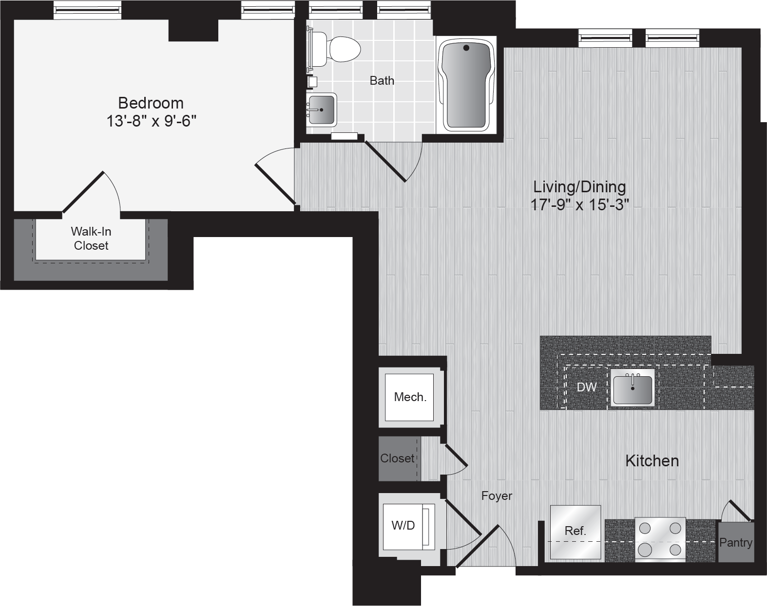 Floor plan for 1 bed, 1 bath, 706 sqft