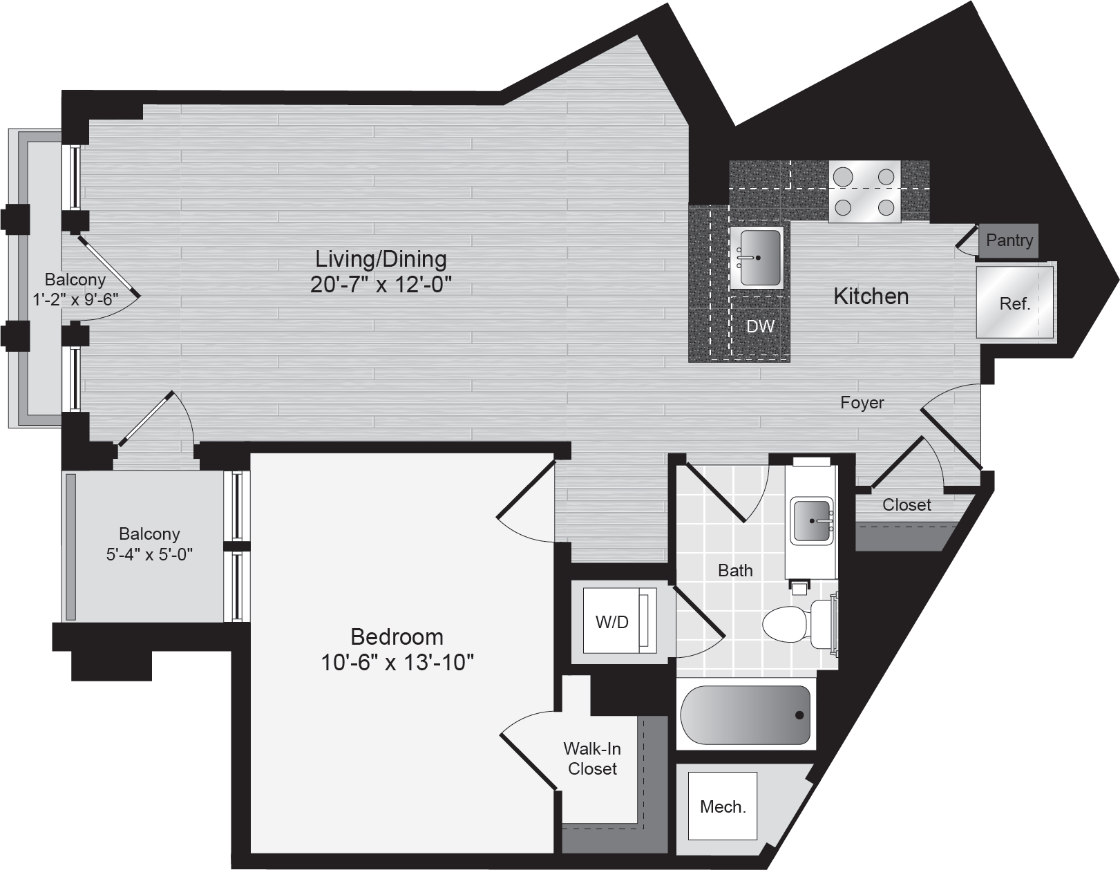 Floor plan for 1 bed, 1 bath, 706 sqft
