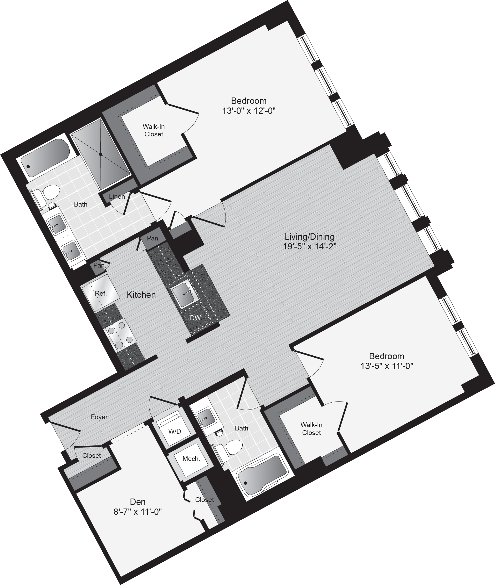 Floor plan for 2 beds, 2 baths, 1247 sqft
