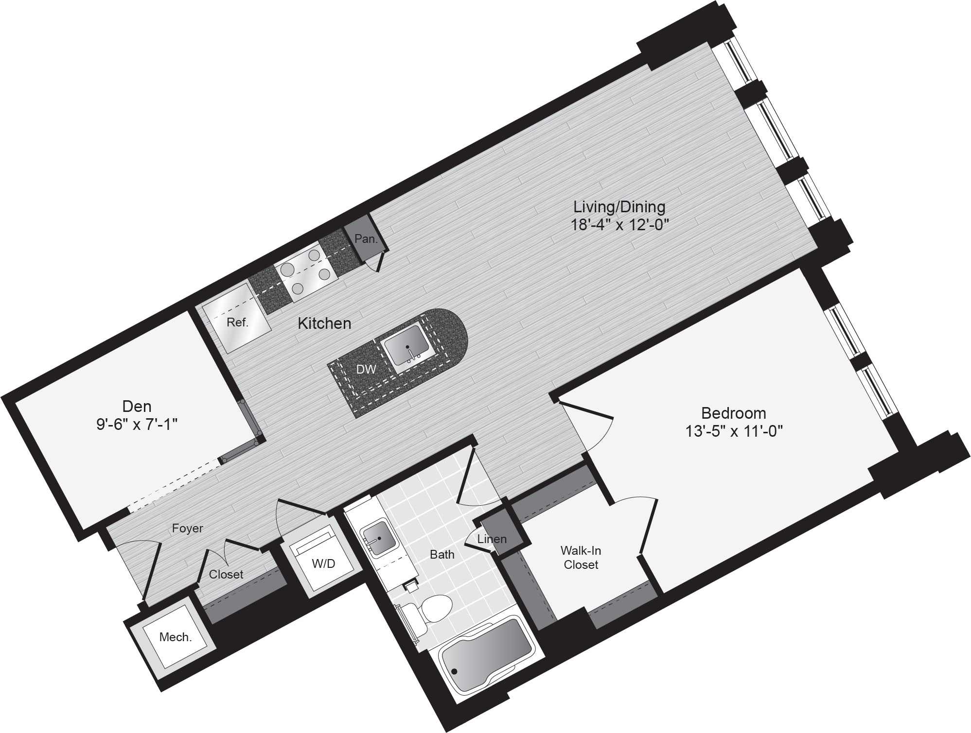 Floor plan for 1 bed, 1 bath, 817 sqft