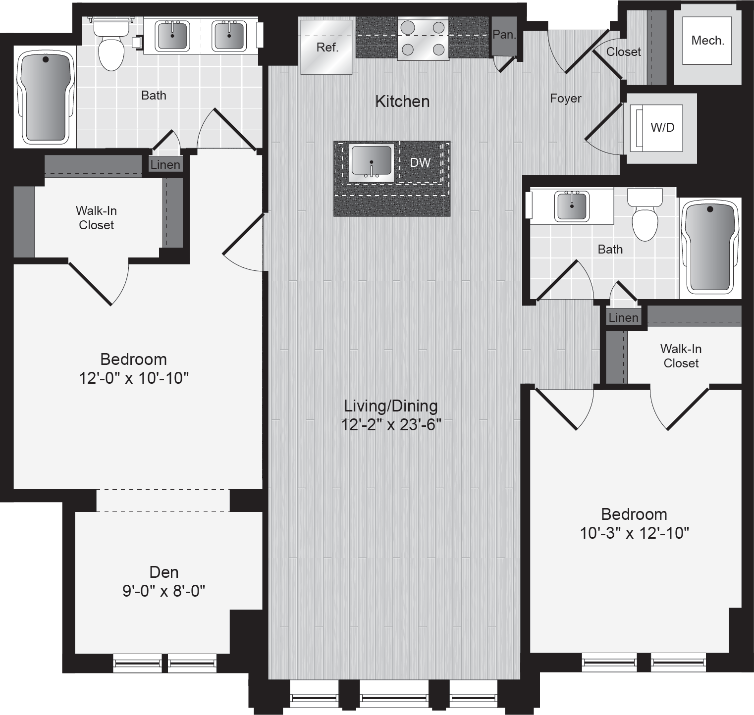 Floor plan for 2 beds, 2 baths, 1113 sqft