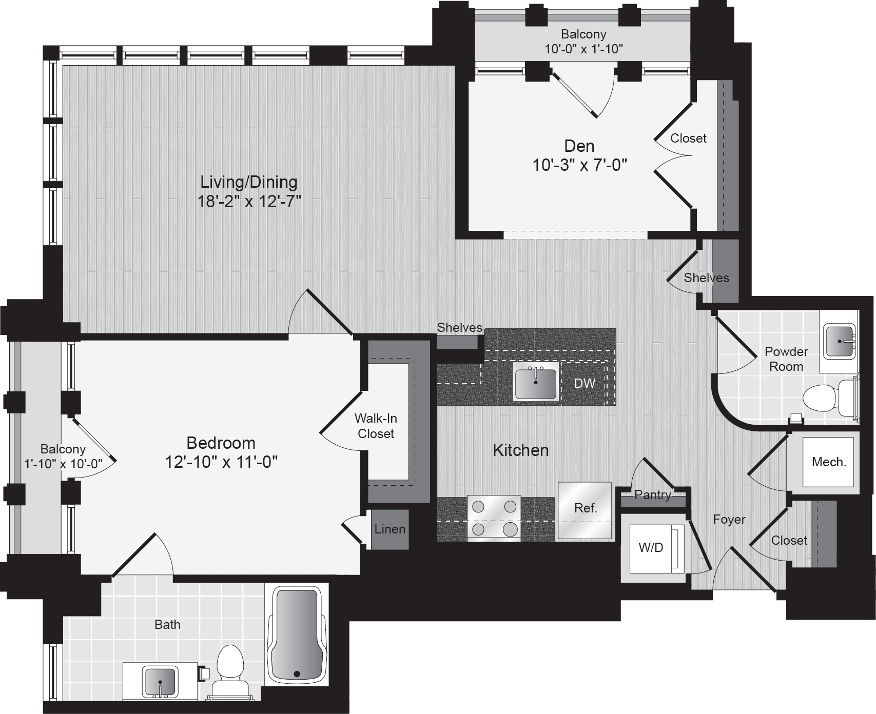 Floor plan for 1 bed, 1.5 baths, 931 sqft